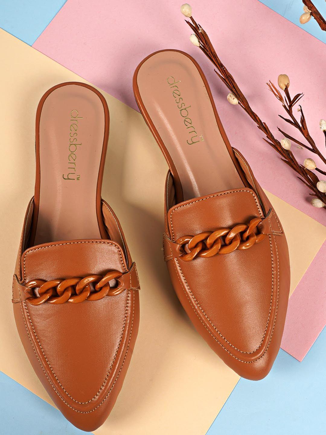 dressberry tan brown embellished pointed toe mules