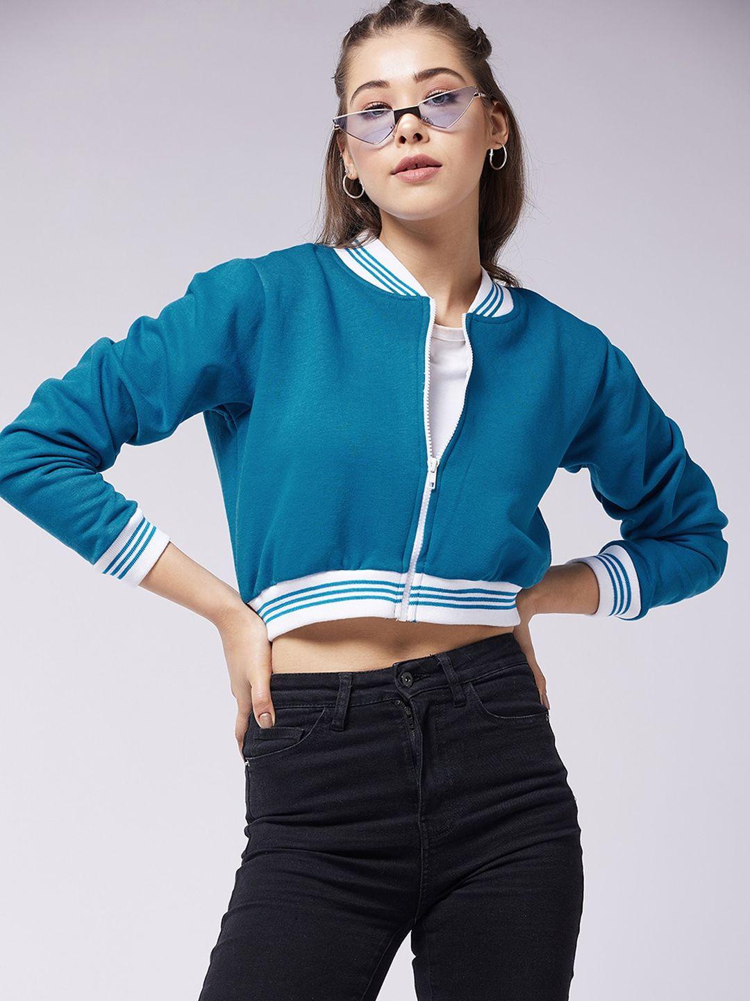 dressberry teal blue stand collar fleece crop bomber jacket