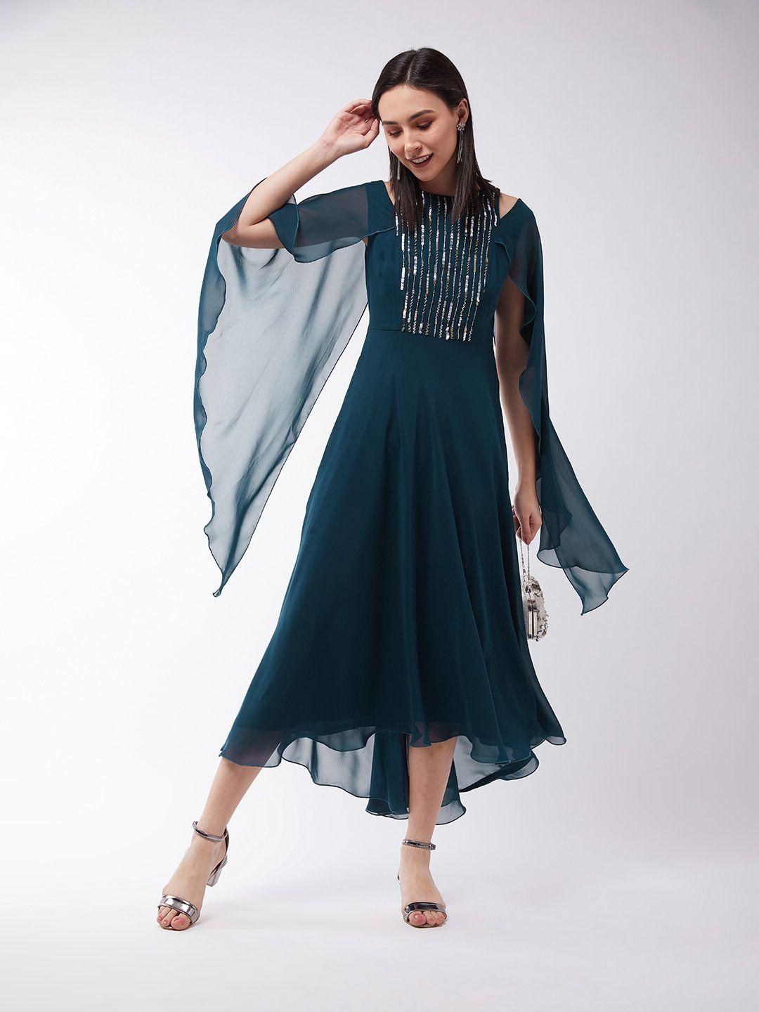 dressberry teal green geometric embroidered flared sleeve fit & flare maxi ethnic dresses