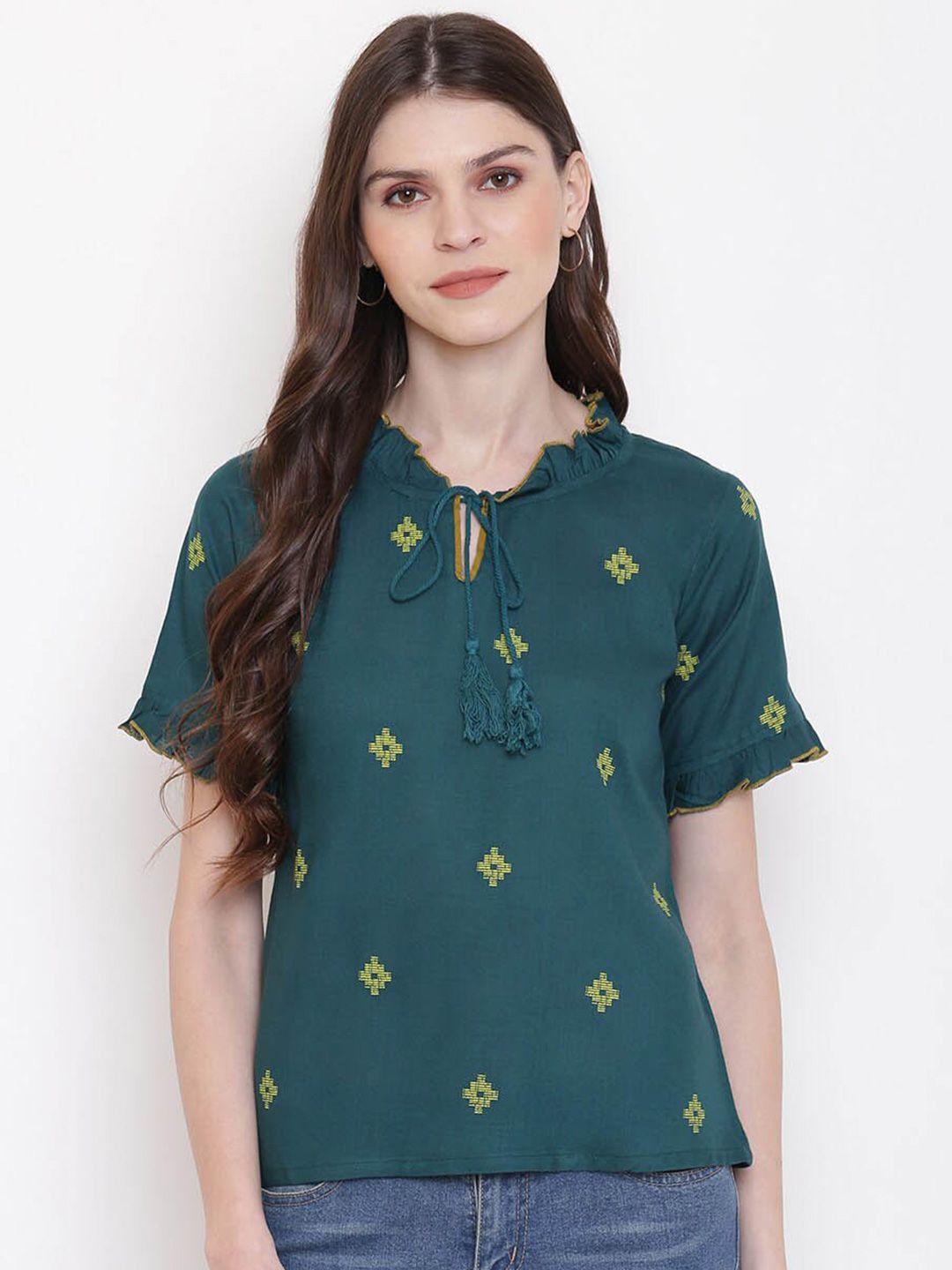 dressberry teal green geometric printed tie-up neck top