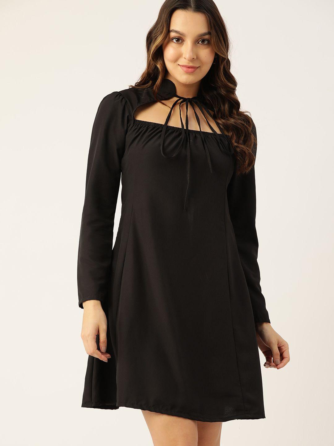 dressberry tie-up neck crepe a-line dress with cut-out detail