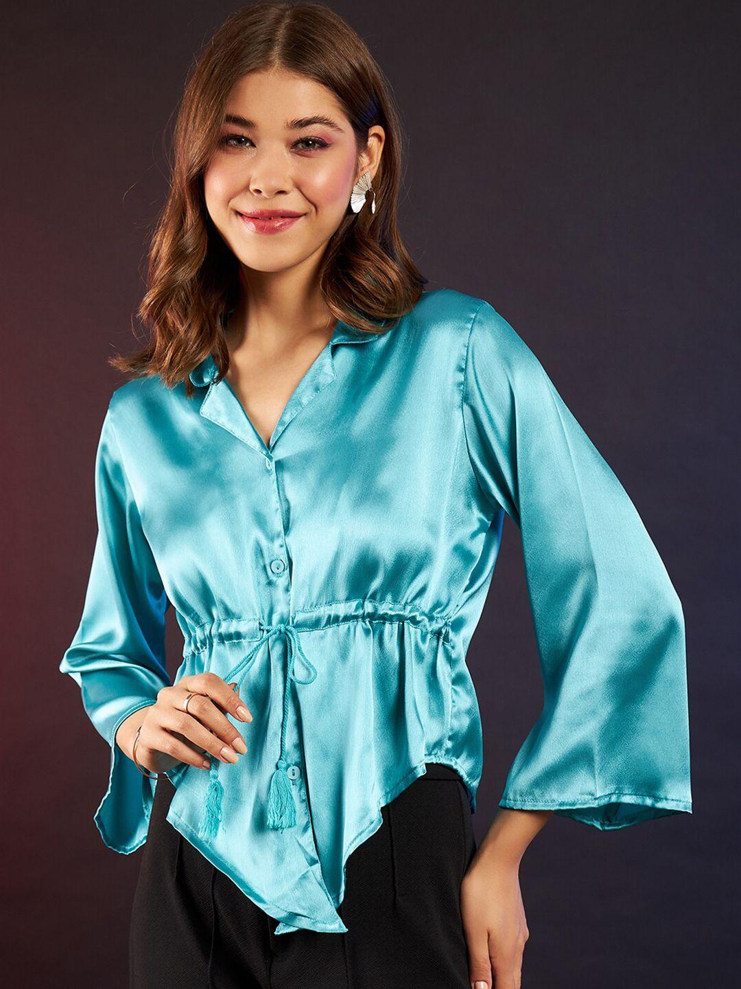 dressberry turquoise blue shirt collar bell sleeves waist tie up cinched waist top