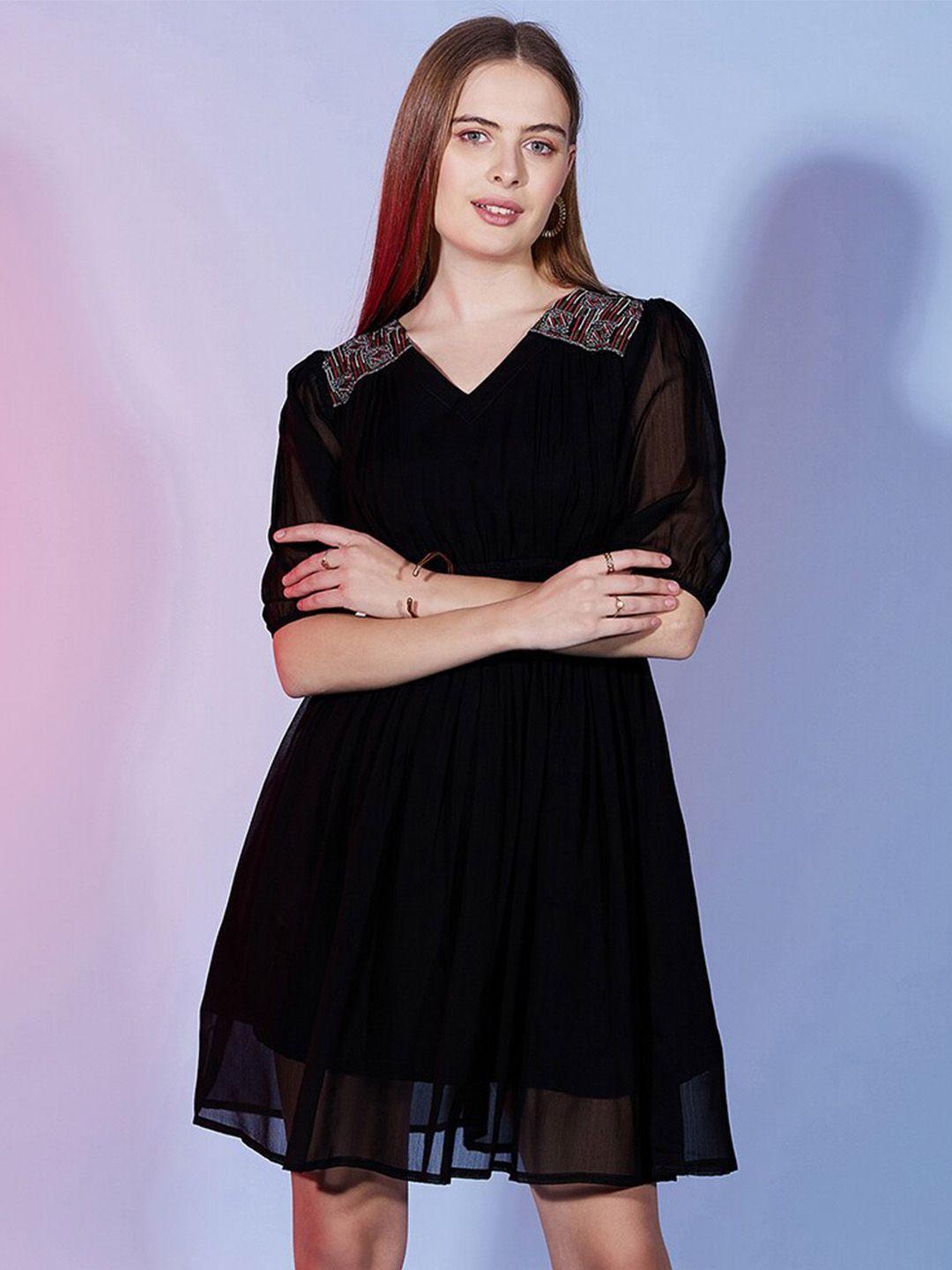 dressberry v-neck short sleeves georgette fit & flare dress