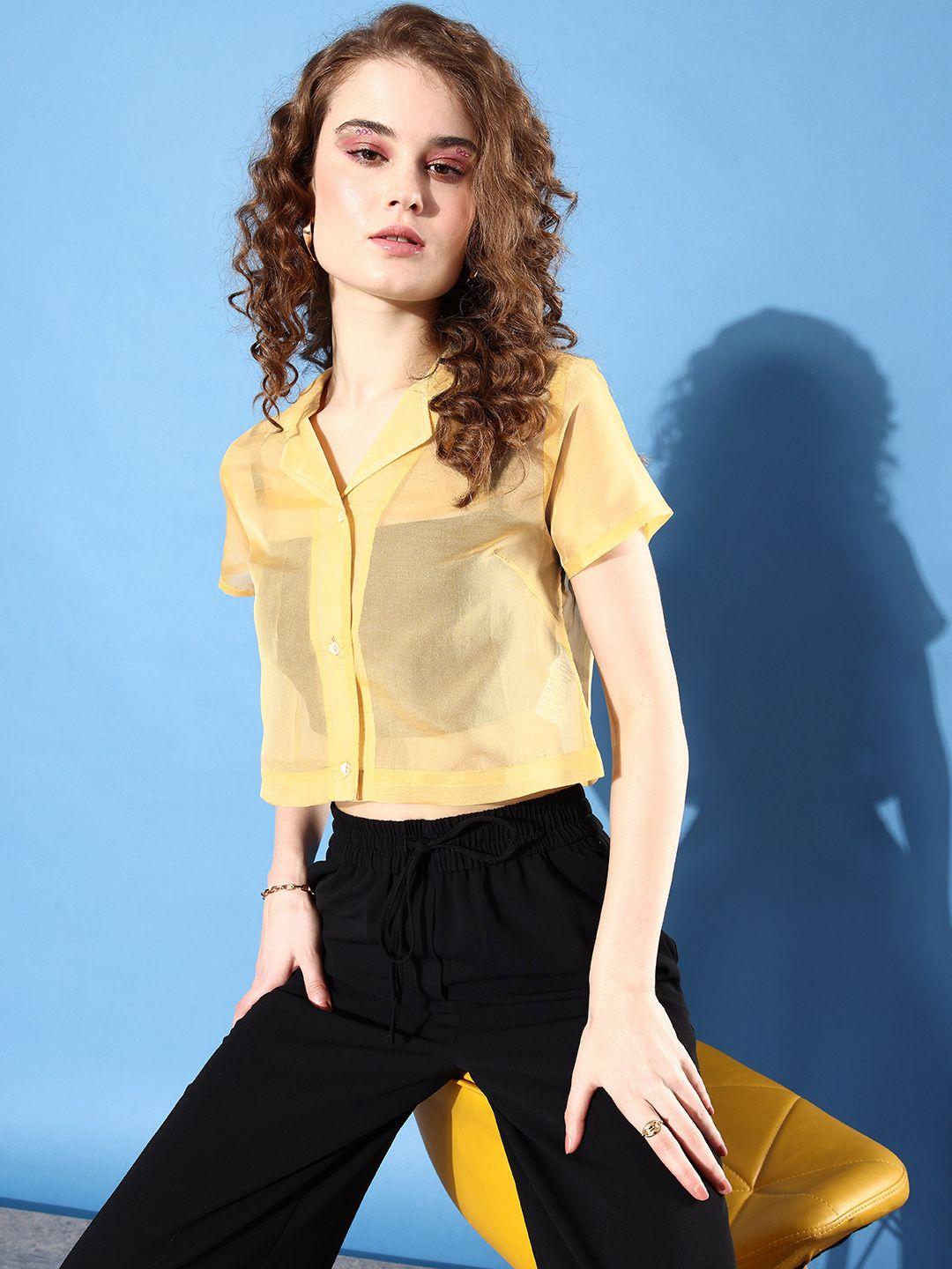 dressberry wax yellow solid cuban collar sheer casual crop shirt