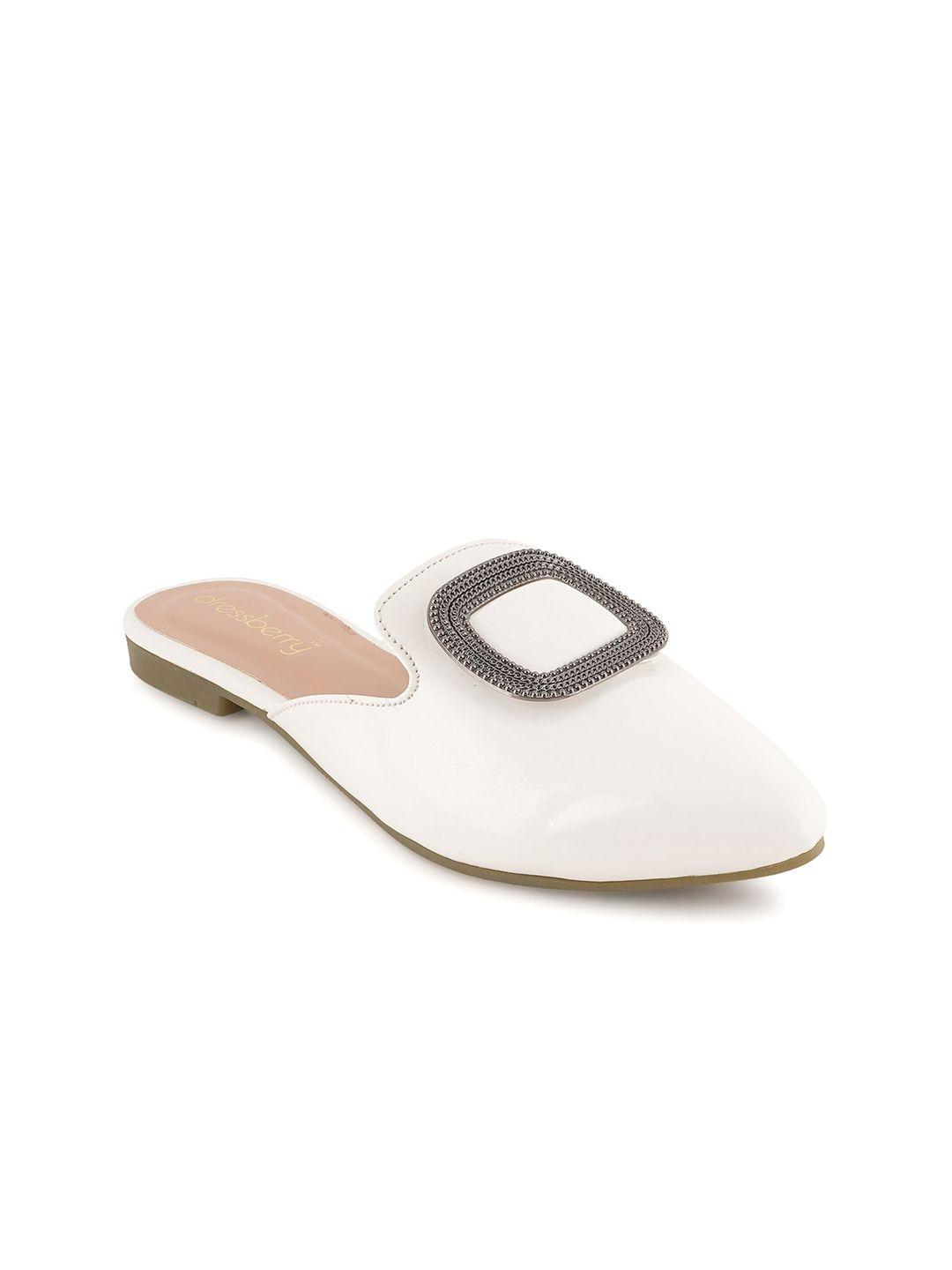 dressberry white & silver-toned embellished pointed toe mules