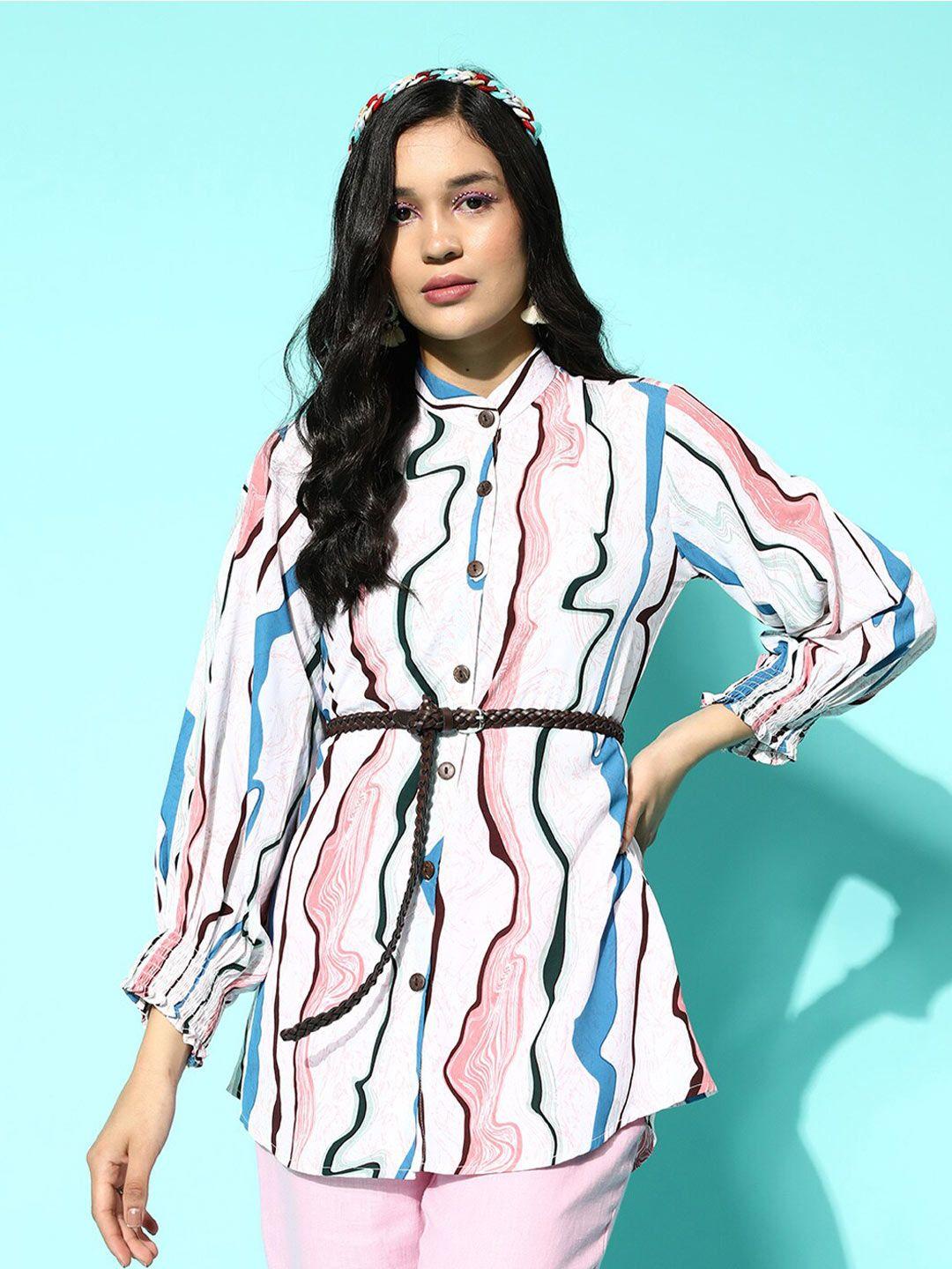 dressberry white abstract printed mandarin collar crepe longline shirt style top