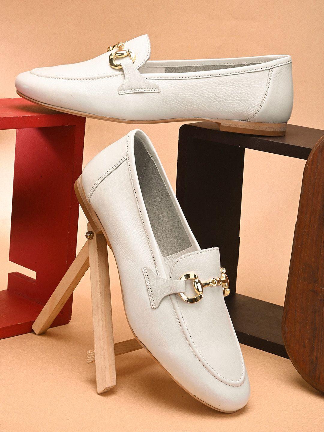 dressberry white and gold-toned buckled leather ballerinas