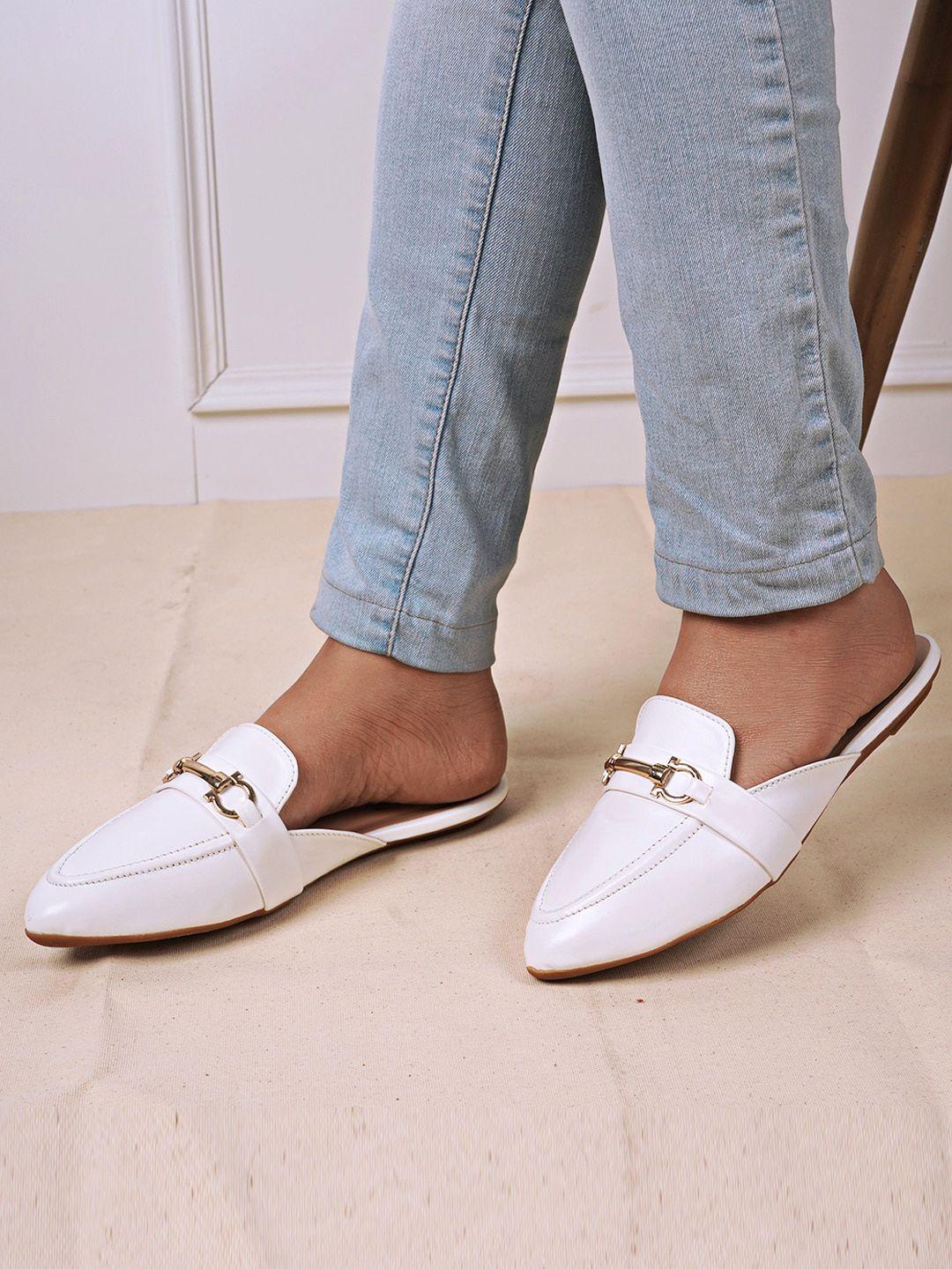 dressberry white buckled pointed toe mules