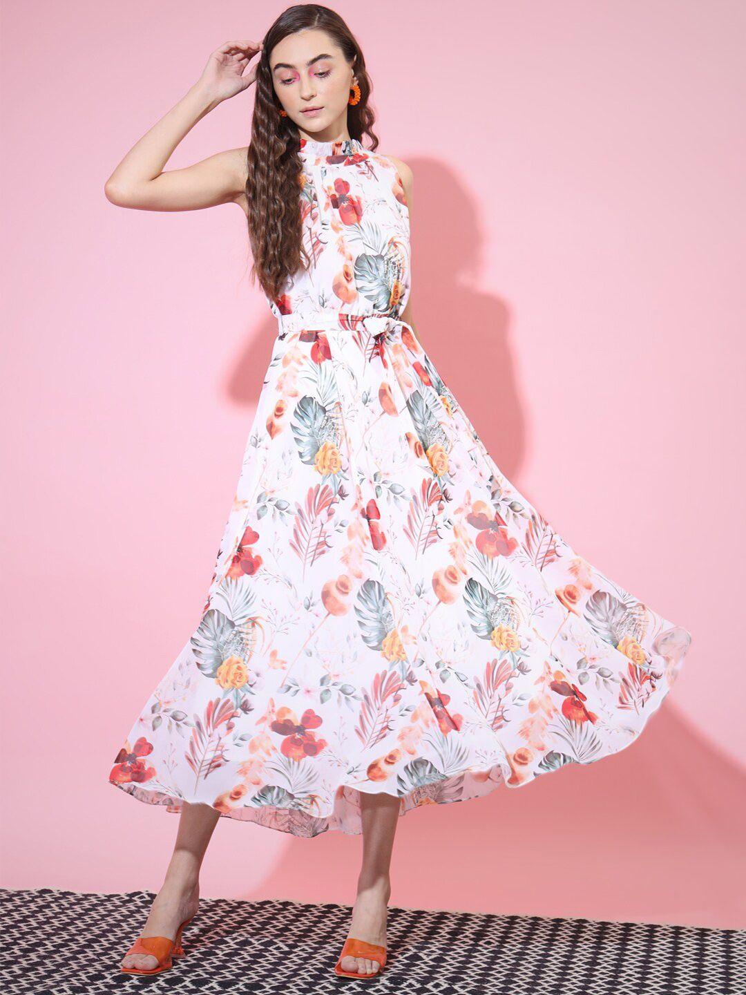 dressberry white floral printed high neck fit & flare midi dress