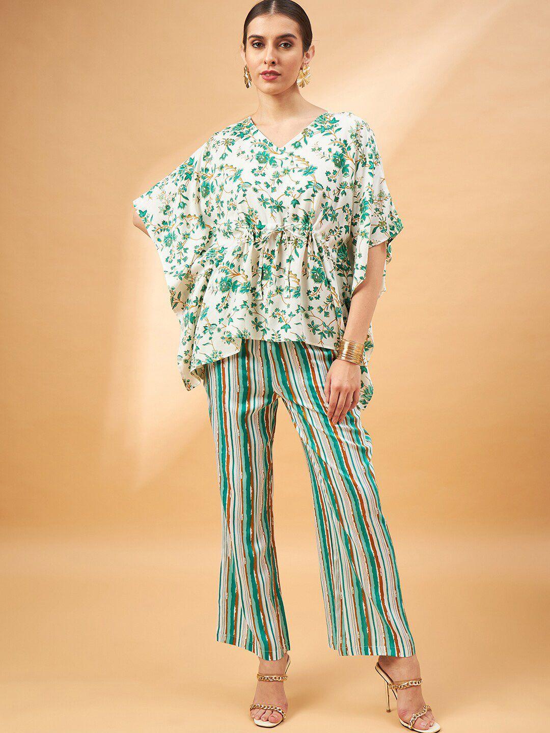 dressberry white floral printed kaftan top with trouser