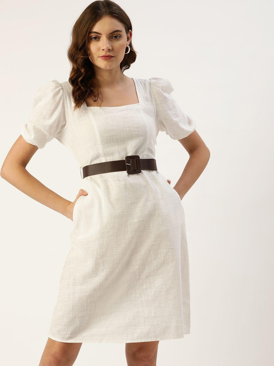 dressberry white solid a-line dress comes with a belt