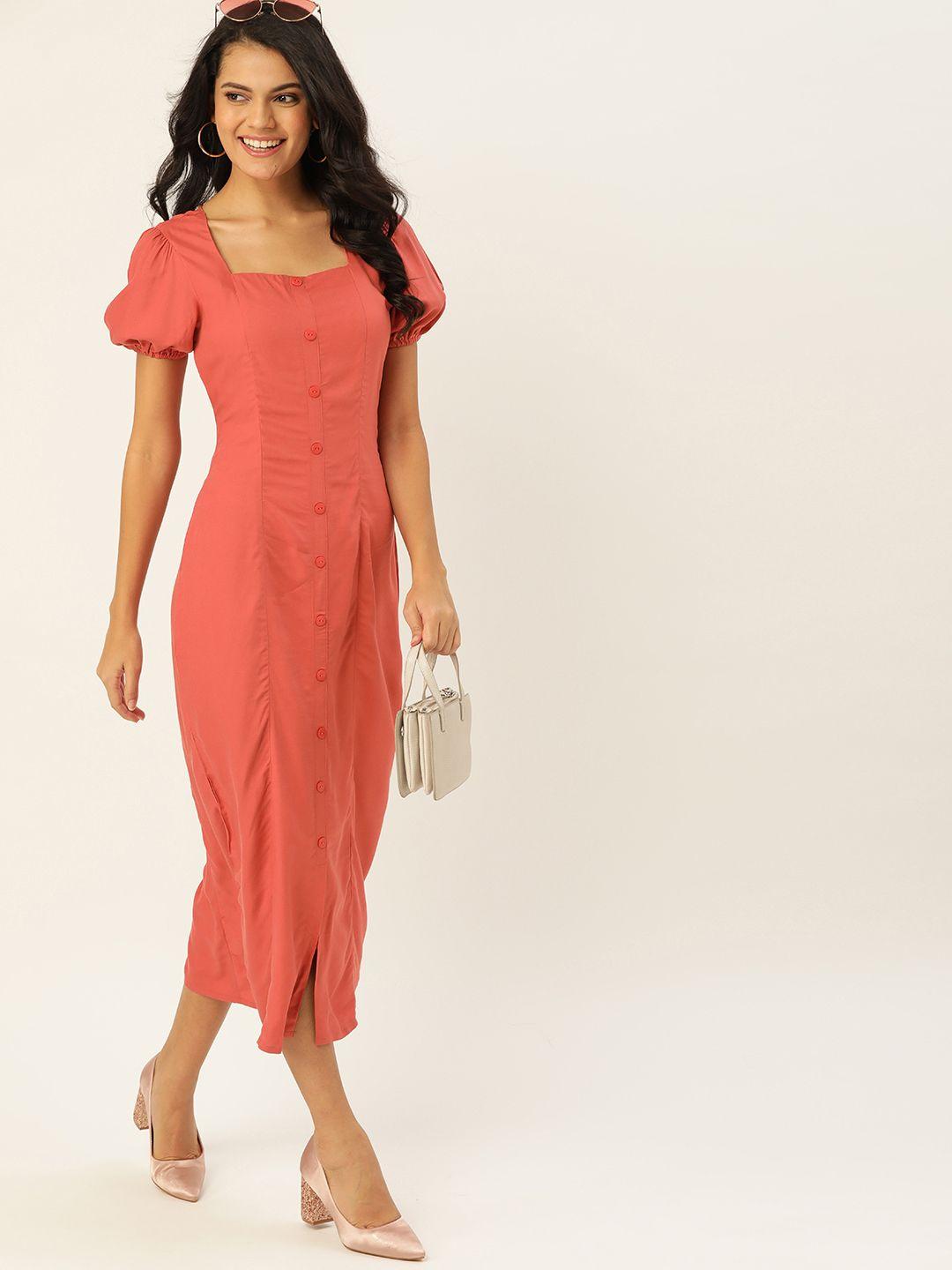 dressberry women  coral pink solid a-line sustainable ecovero dress