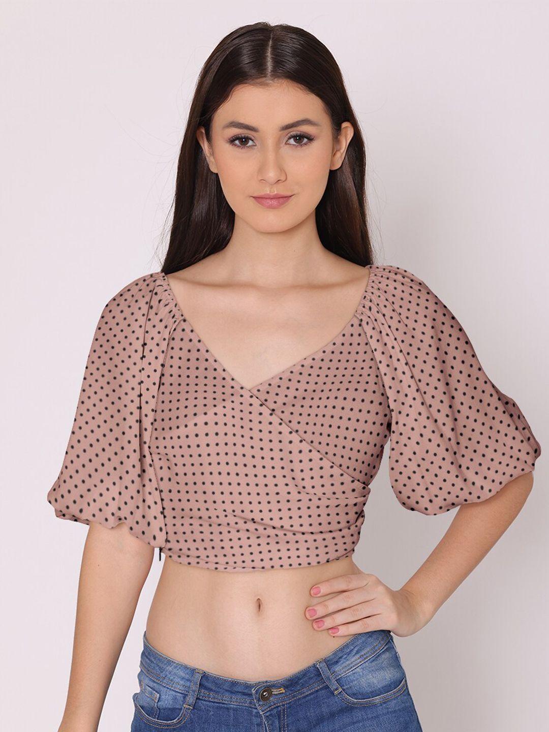 dressberry women  nude-coloured & black print georgette wrap top