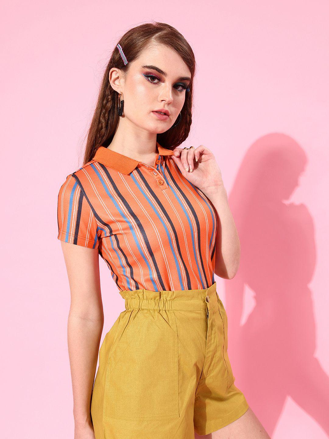 dressberry women  orange striped zoom friendly collar tshirt