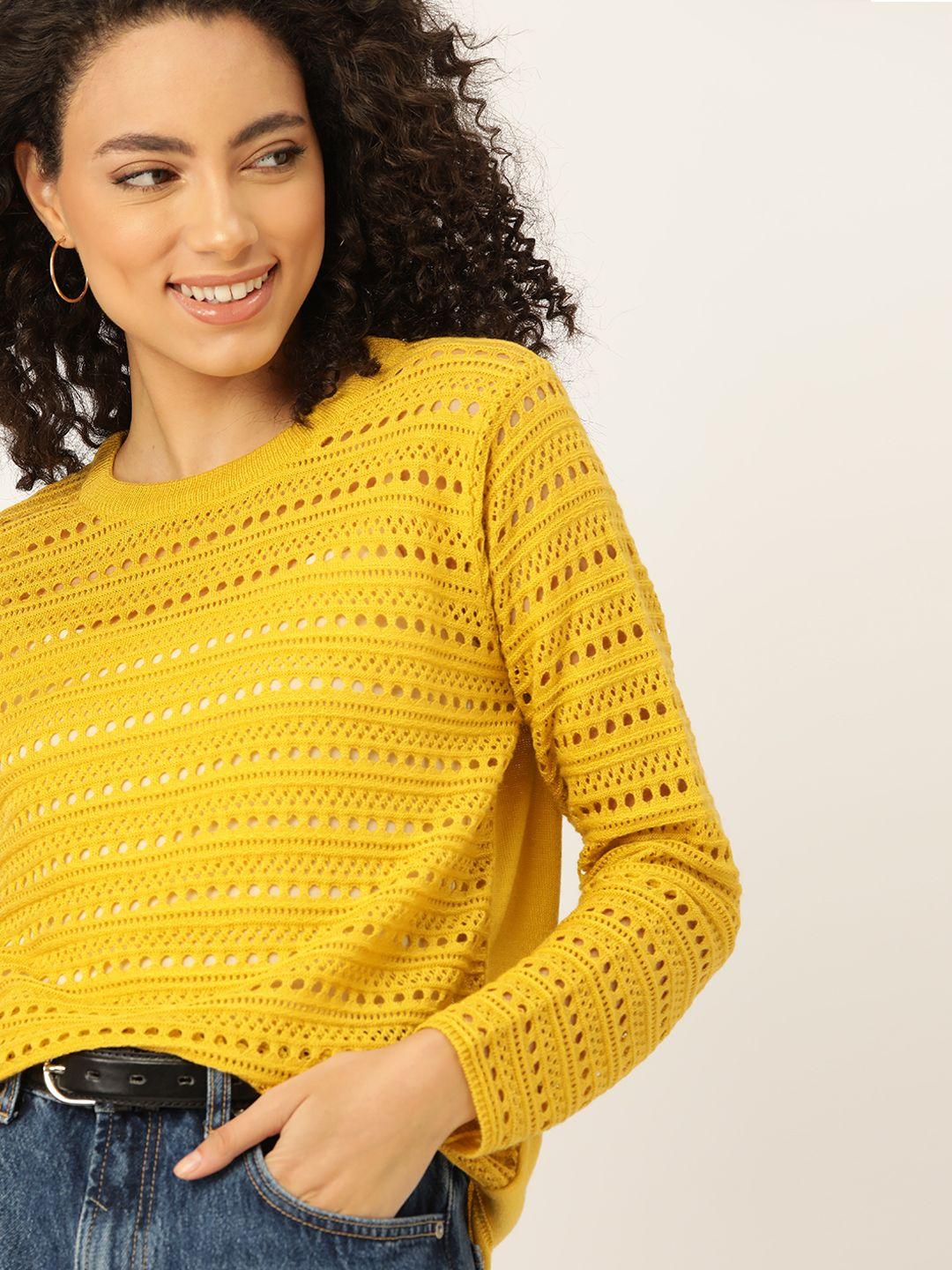 dressberry women acrylic mustard yellow open knit pullover