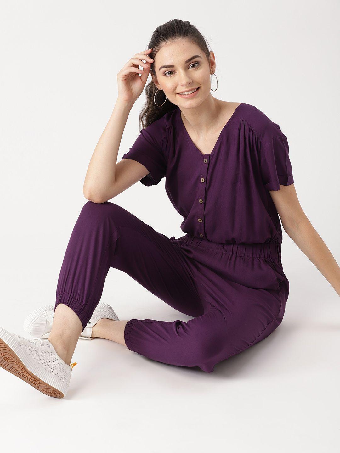 dressberry women aubergine solid basic jumpsuit