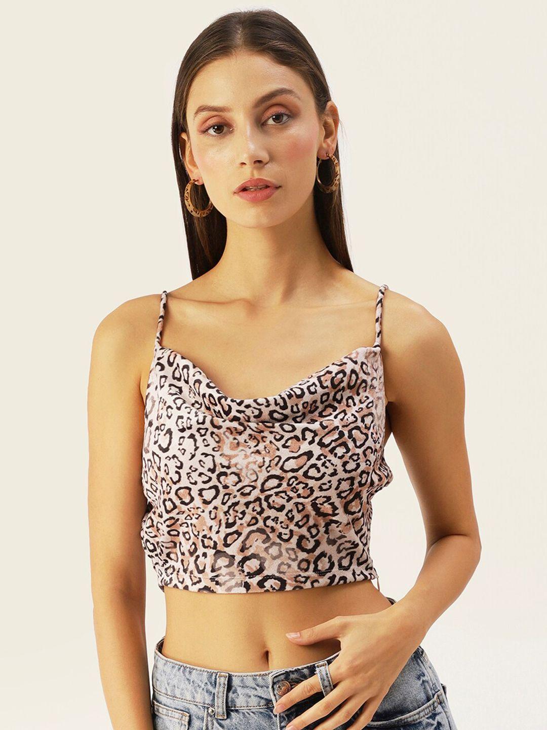 dressberry women beige & black animal printed velvet crop top