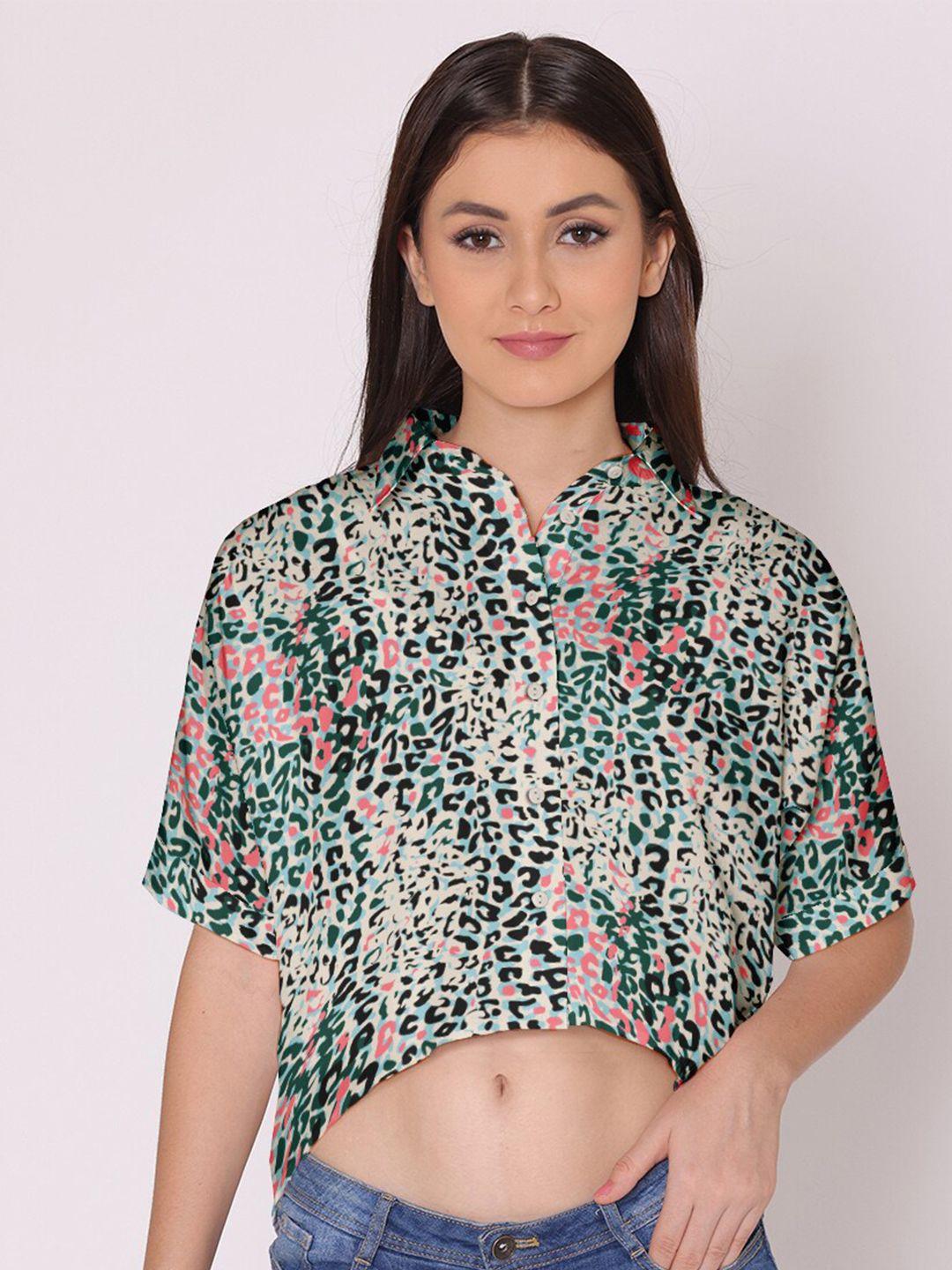 dressberry women beige & green boxy animal printed casual crop shirt