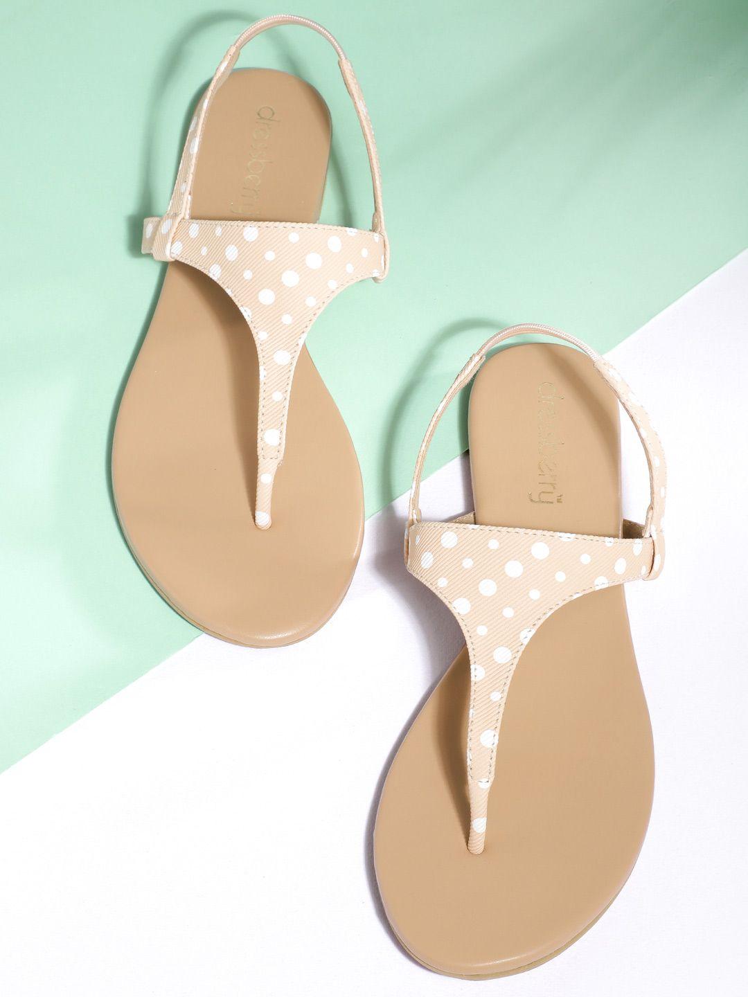 dressberry women beige & white polka dot printed t-strap flats