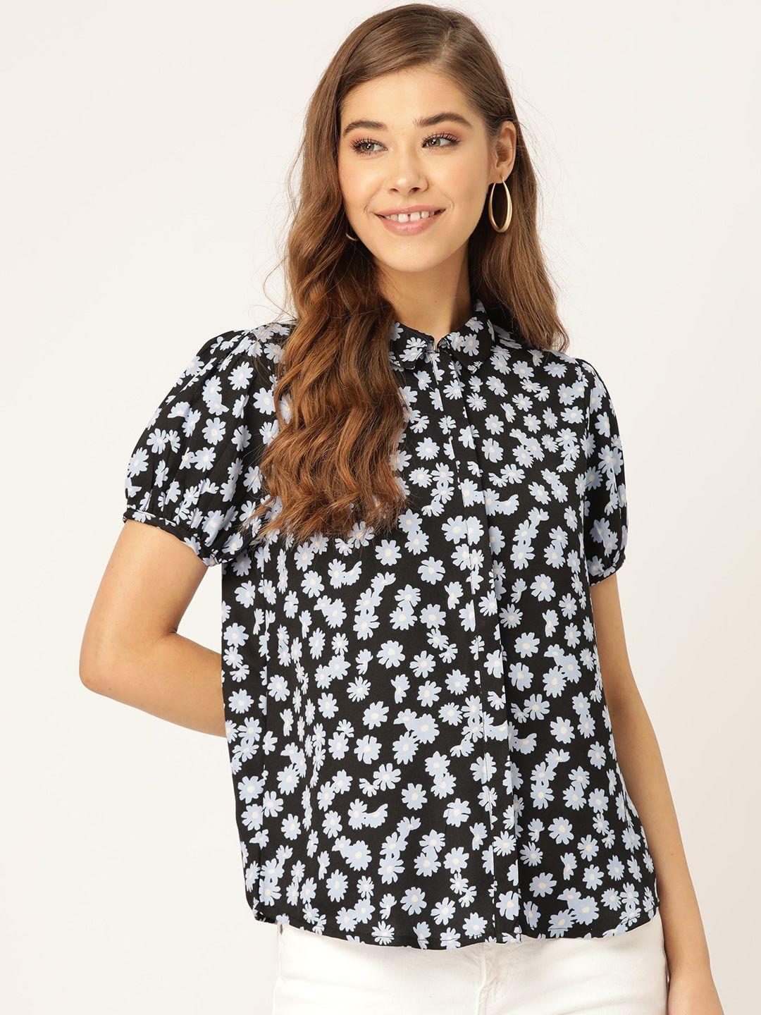 dressberry women black & blue regular fit floral print casual shirt