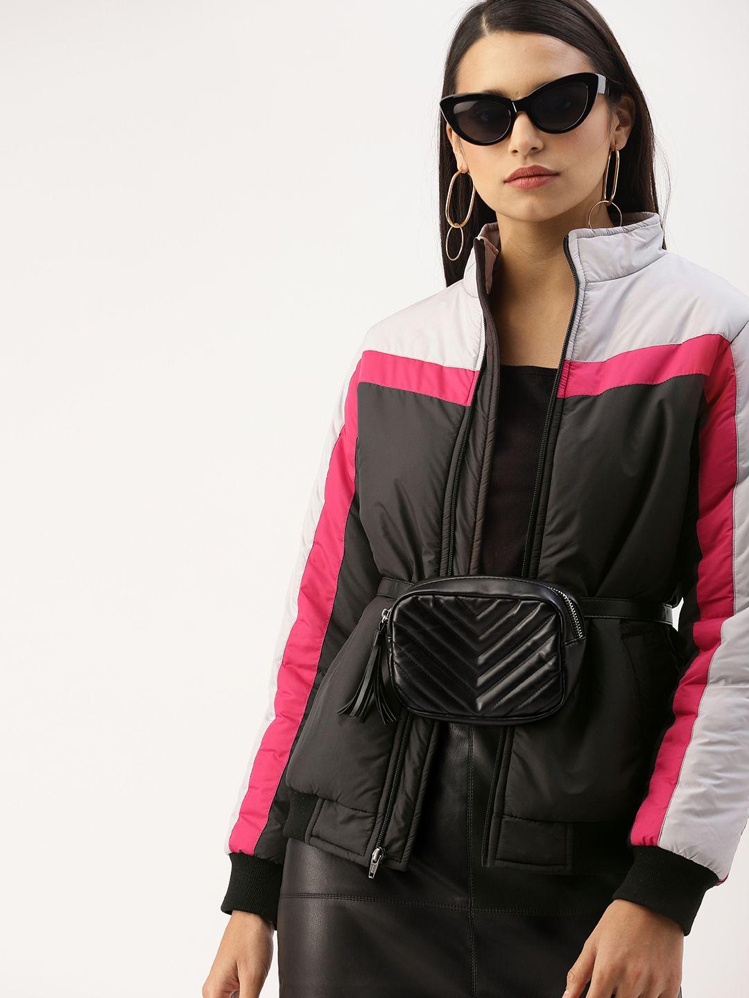 dressberry women black & grey colourblocked puffer jacket