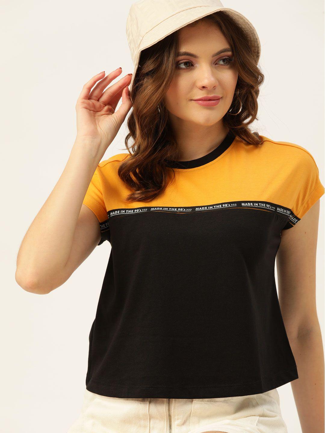 dressberry women black & mustard yellow colourblocked applique t-shirt