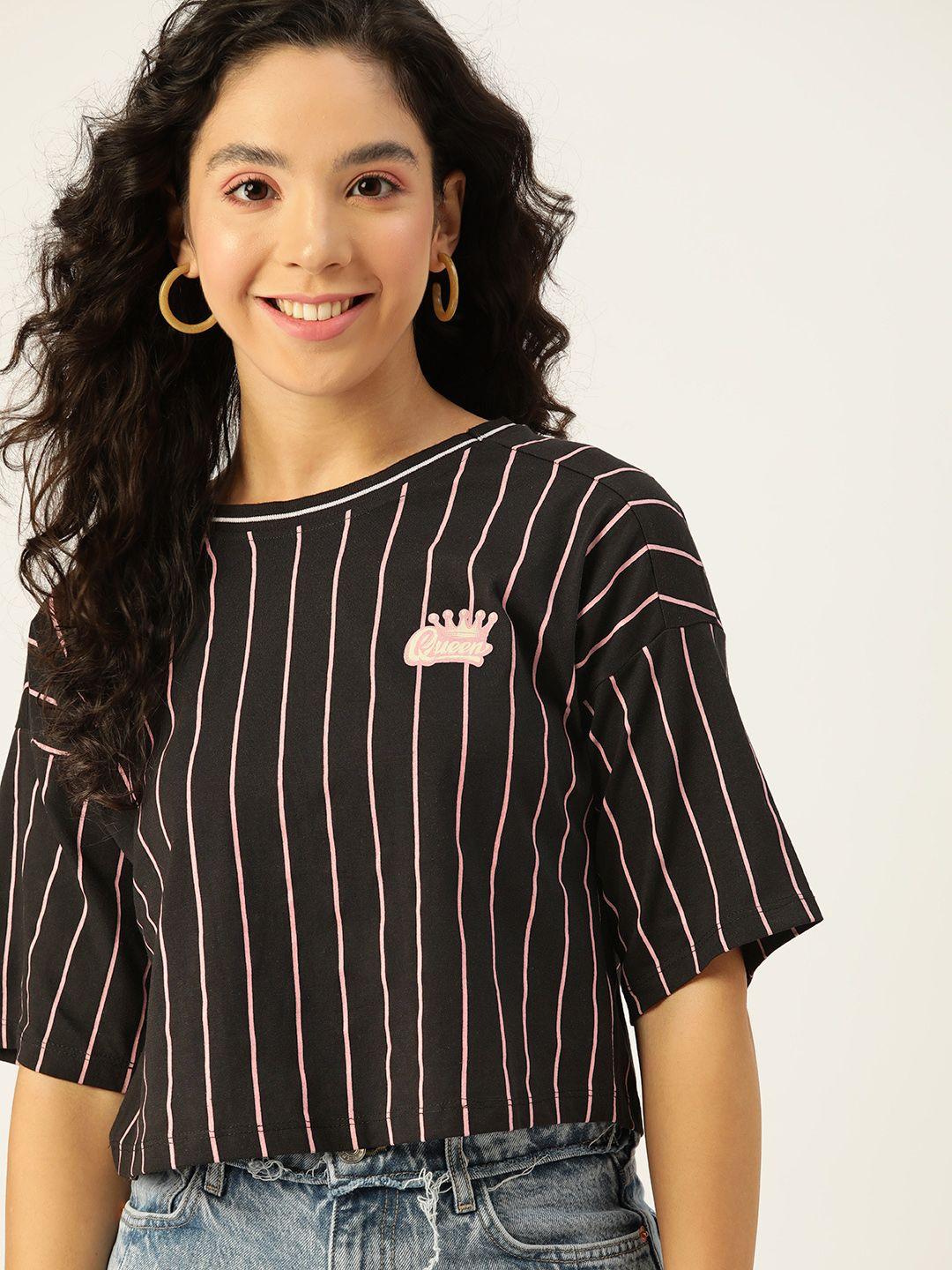 dressberry women black & pink striped drop-shoulder sleeves boxy t-shirt