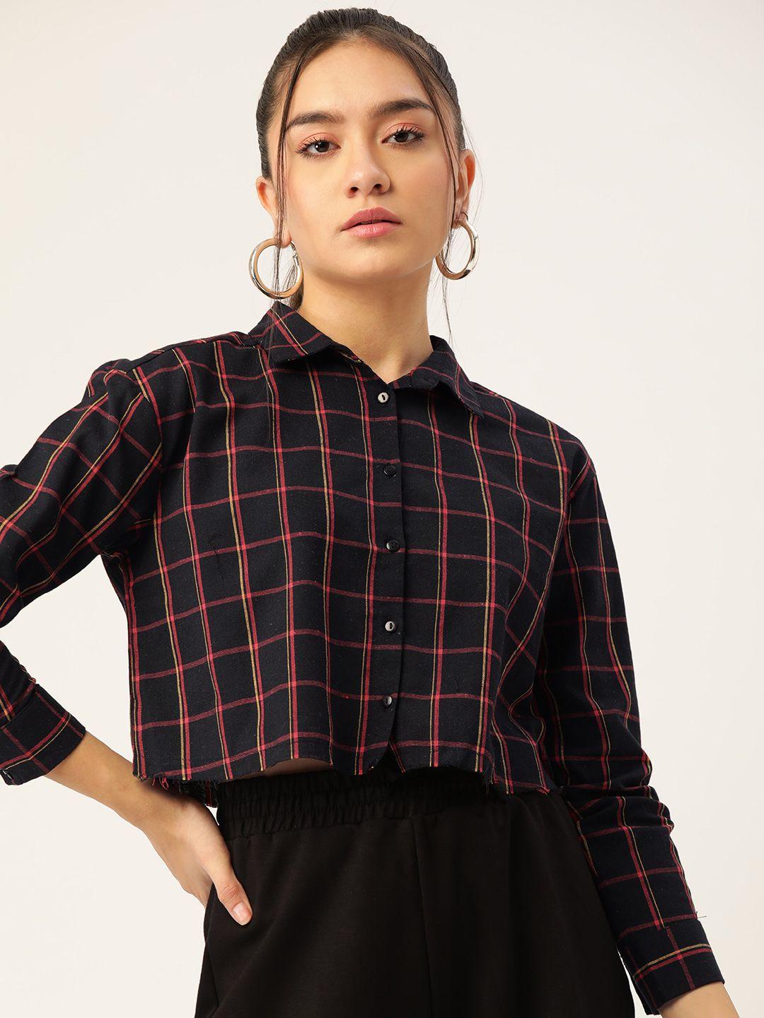 dressberry women black & red boxy windowpane checked pure cotton cropped casual shirt