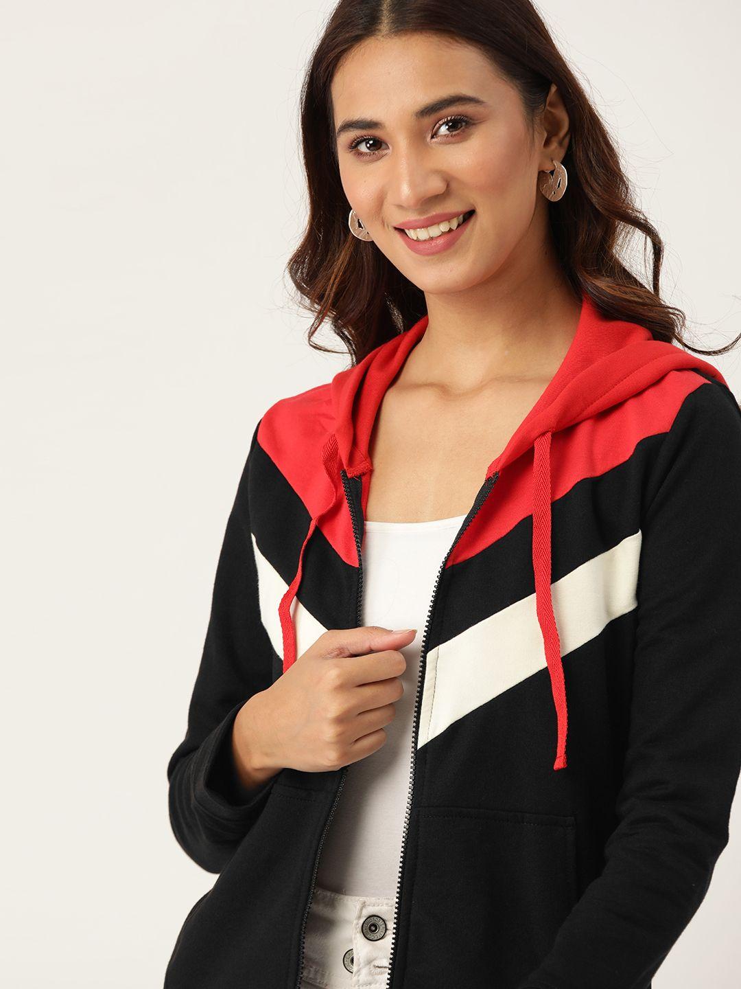 dressberry women black & red colourblocked hooded sweatshirt