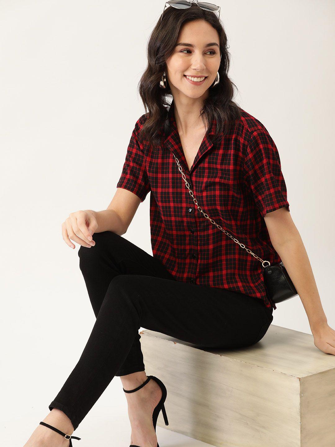 dressberry women black & red tartan checked ecovero sustainable shirt