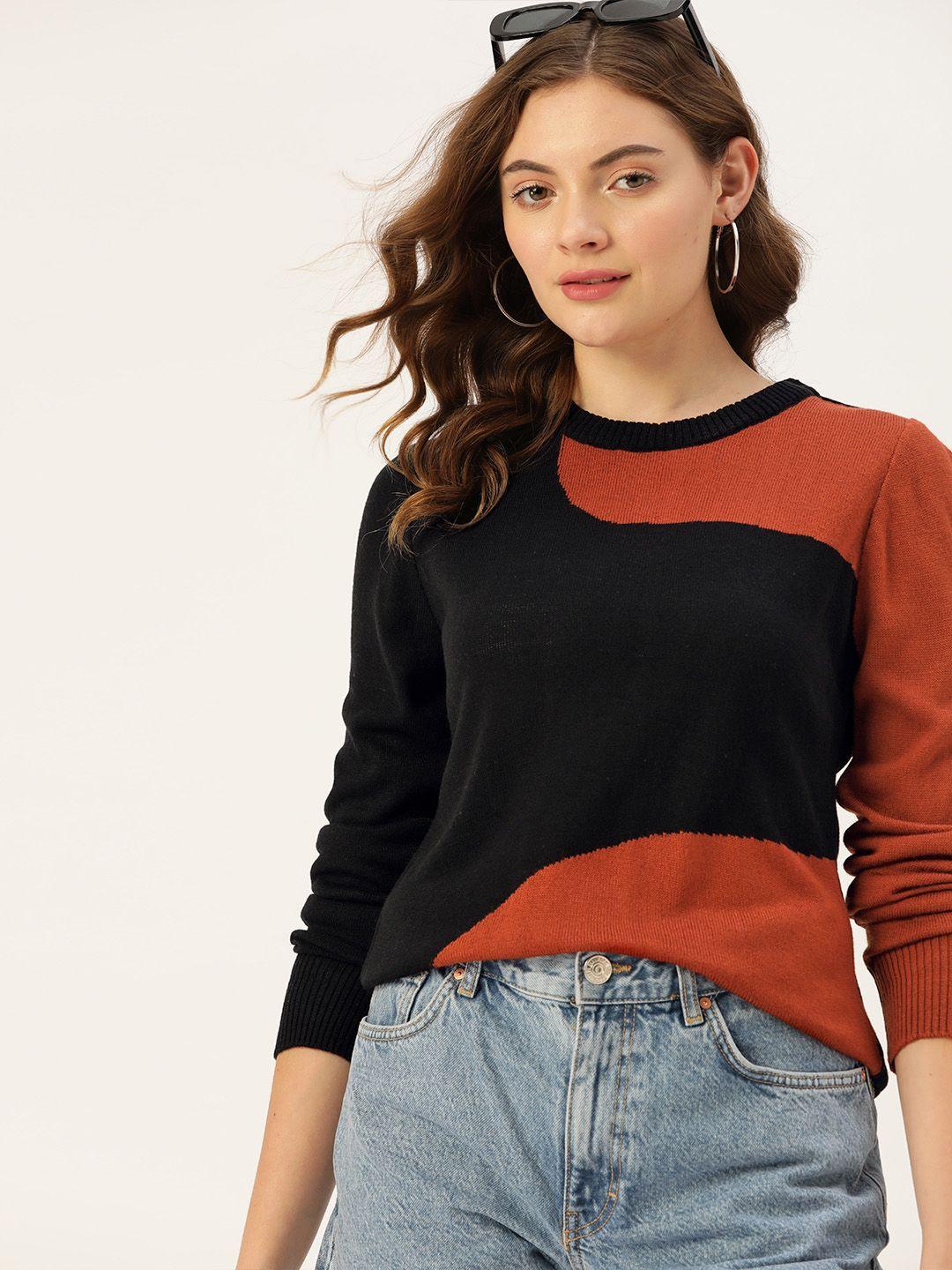 dressberry women black & rust orange colourblocked sweater