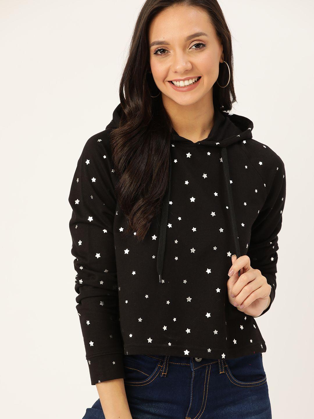 dressberry women black & silver printed hooded sweatshirt