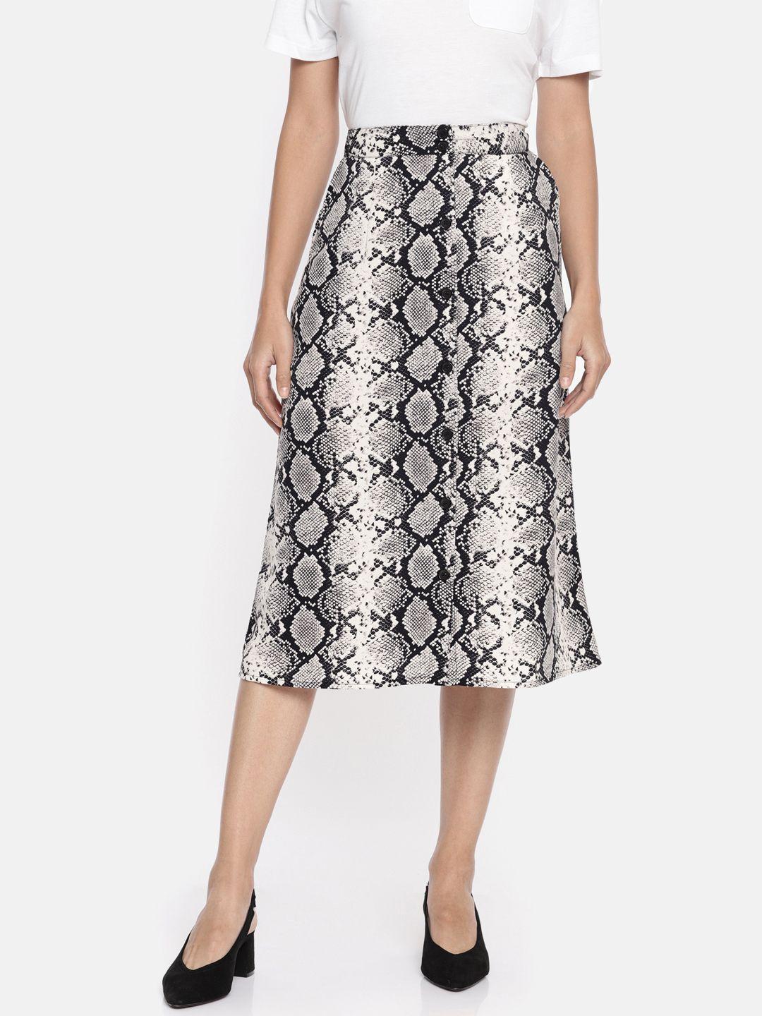 dressberry women black & white animal printed midi straight skirt