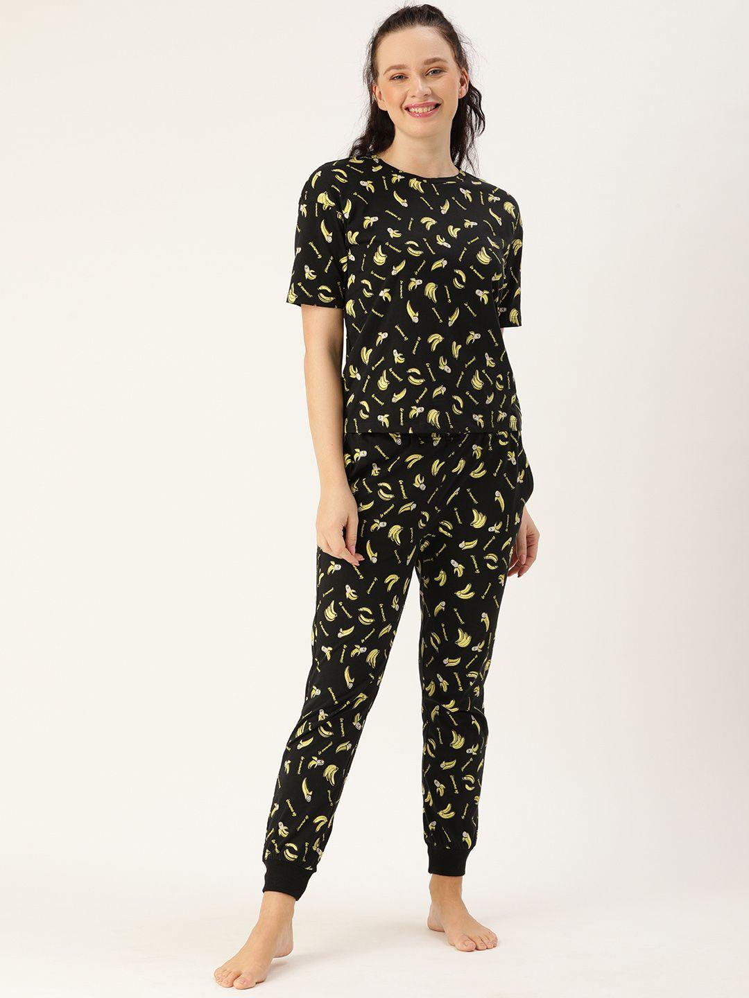 dressberry women black & yellow banana print pure cotton pyjamas set