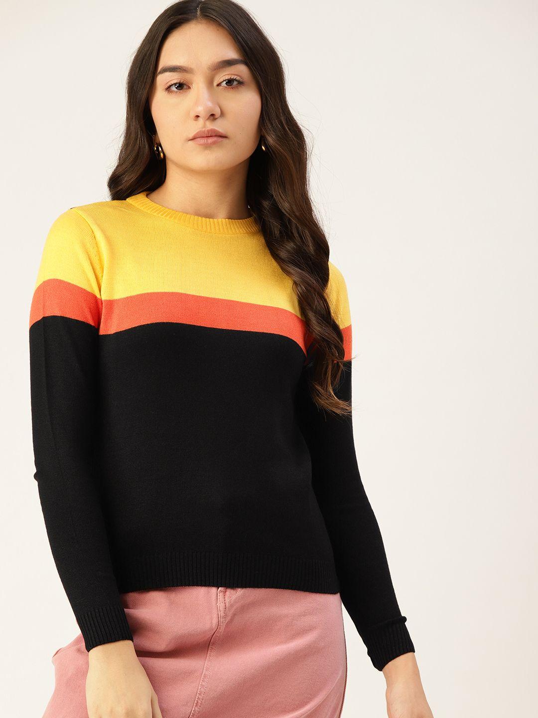 dressberry women black & yellow colourblocked pullover with striped & button detail