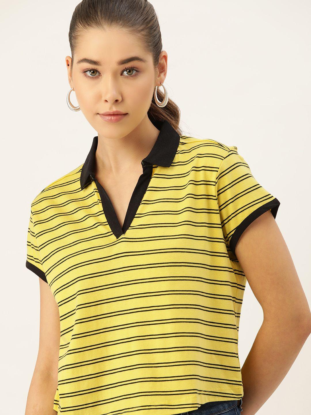 dressberry women black & yellow striped polo collar pure cotton t-shirt