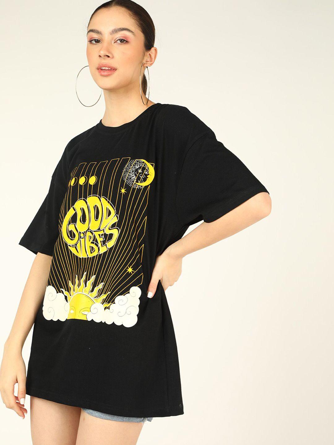 dressberry women black & yellow typography printed t-shirt