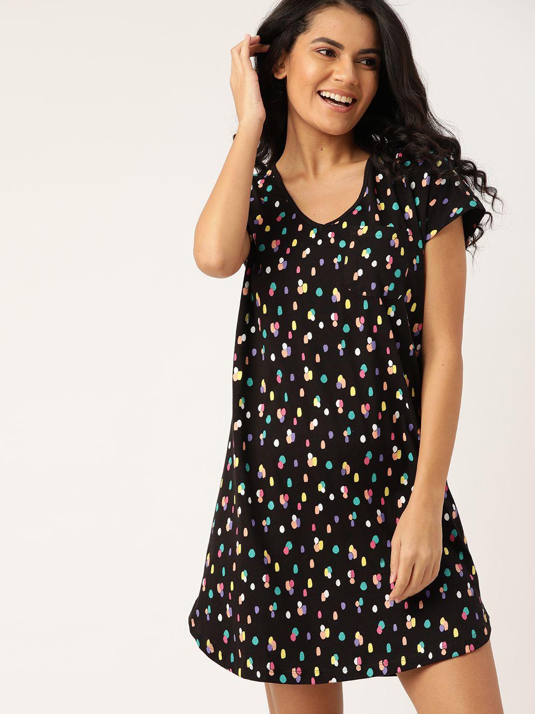 dressberry women black pure cotton printed nightdress