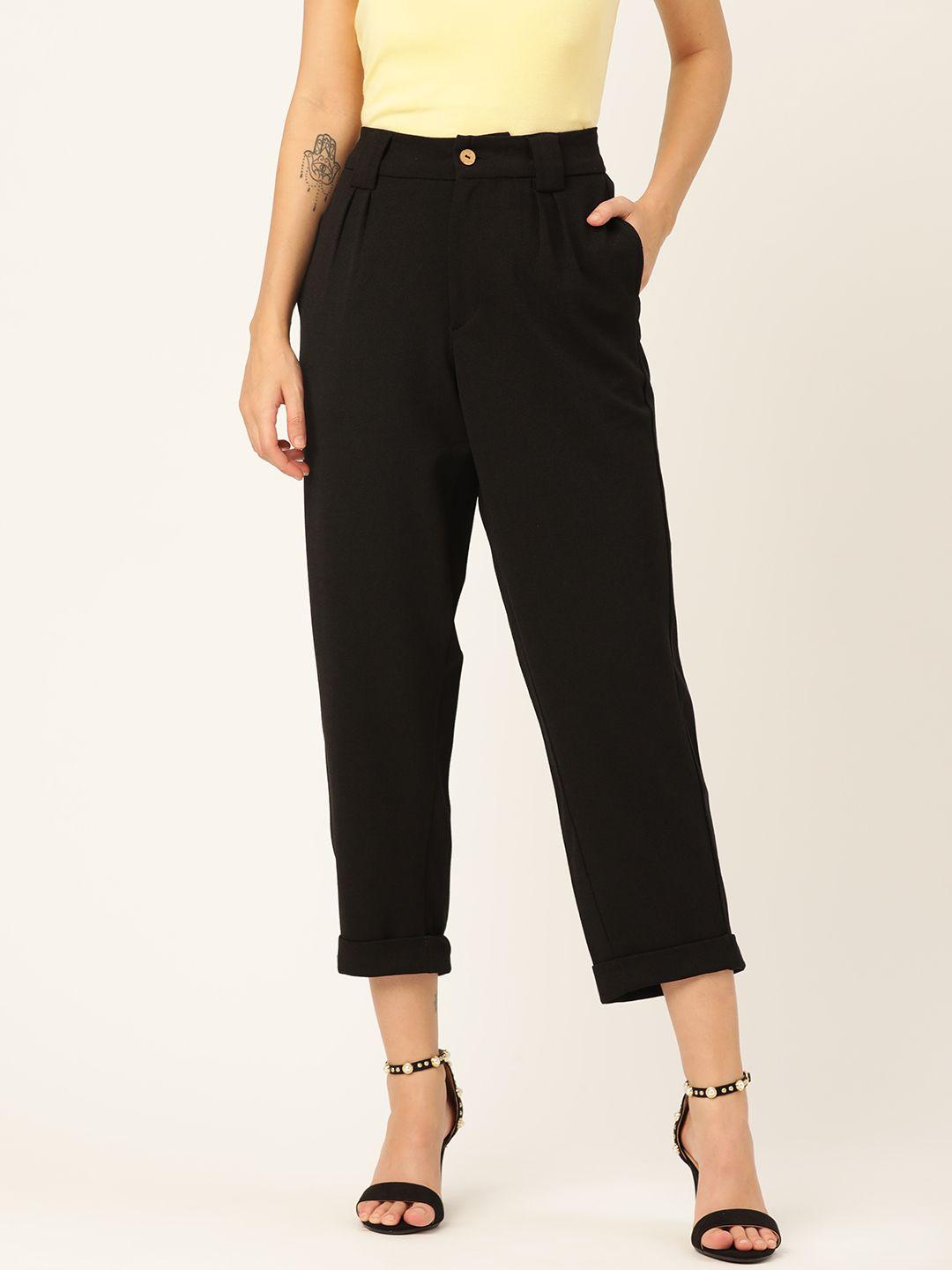 dressberry women black regular fit solid cropped trousers