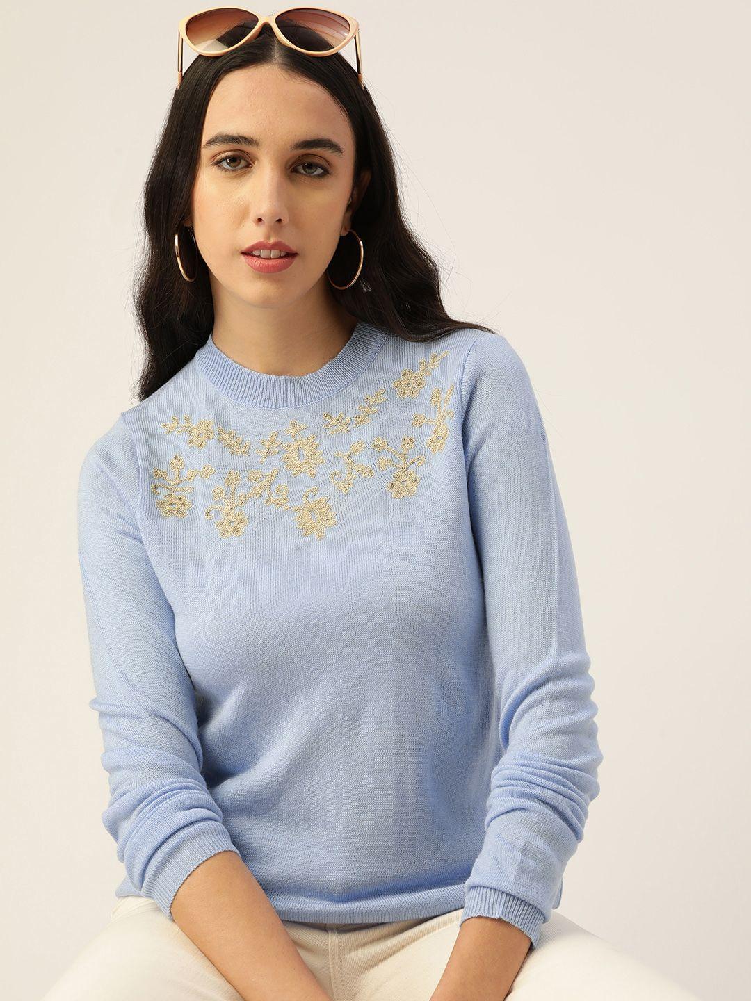 dressberry women blue & golden floral embroidered pullover