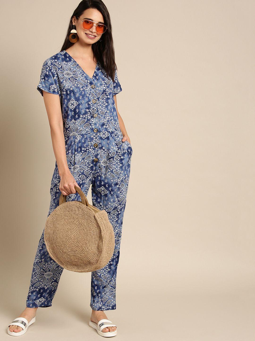 dressberry women blue & white printed basic jumpsuit