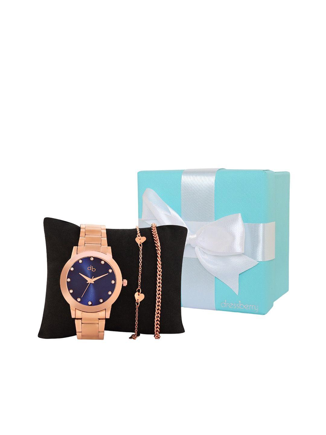 dressberry women blue brass dial & rose gold-plated straps analogue watch dw23_2b