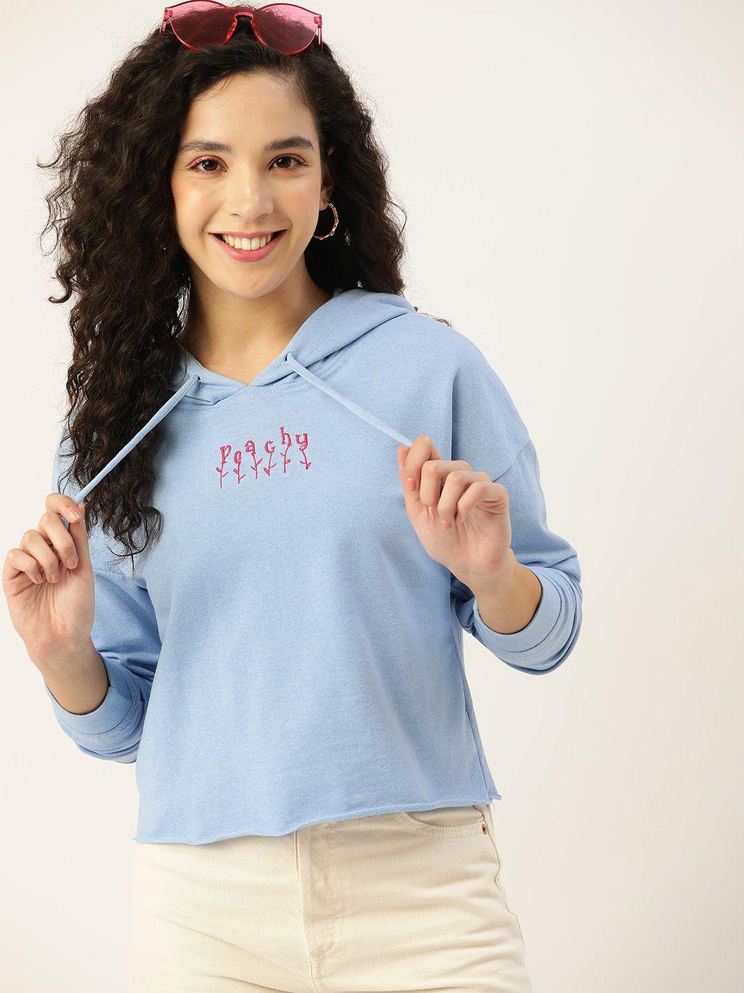 dressberry women blue embroidered hooded sweatshirt