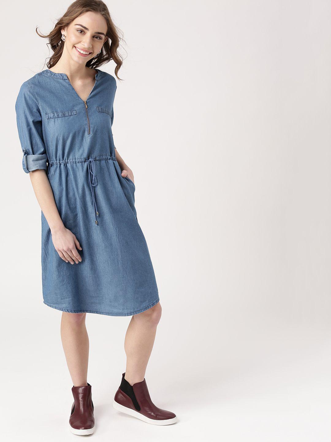 dressberry women blue solid chambray a-line dress