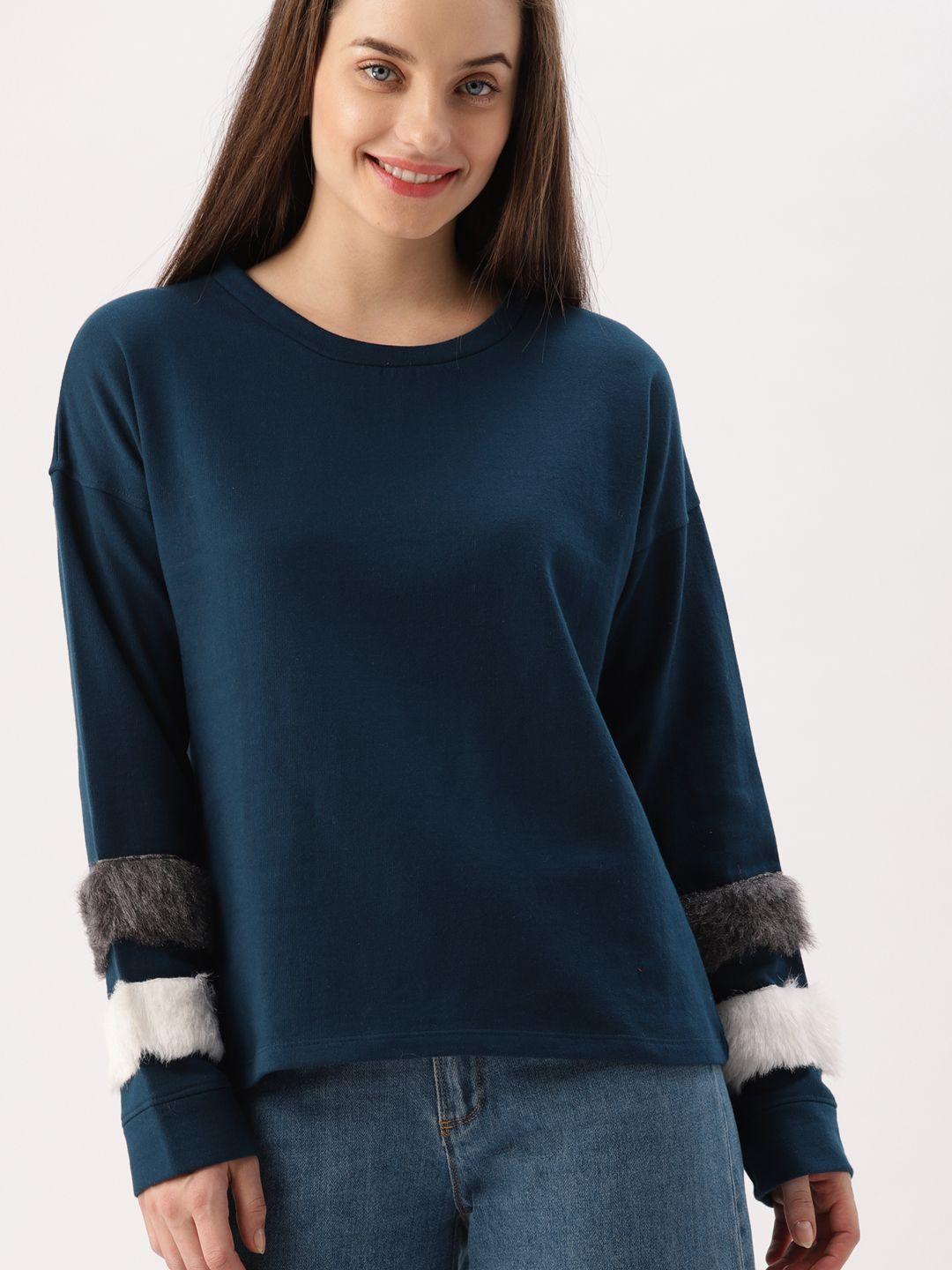 dressberry women blue solid fur sweatshirt