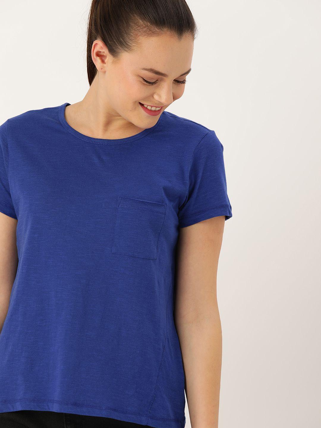 dressberry women blue solid round neck pure cotton t-shirt