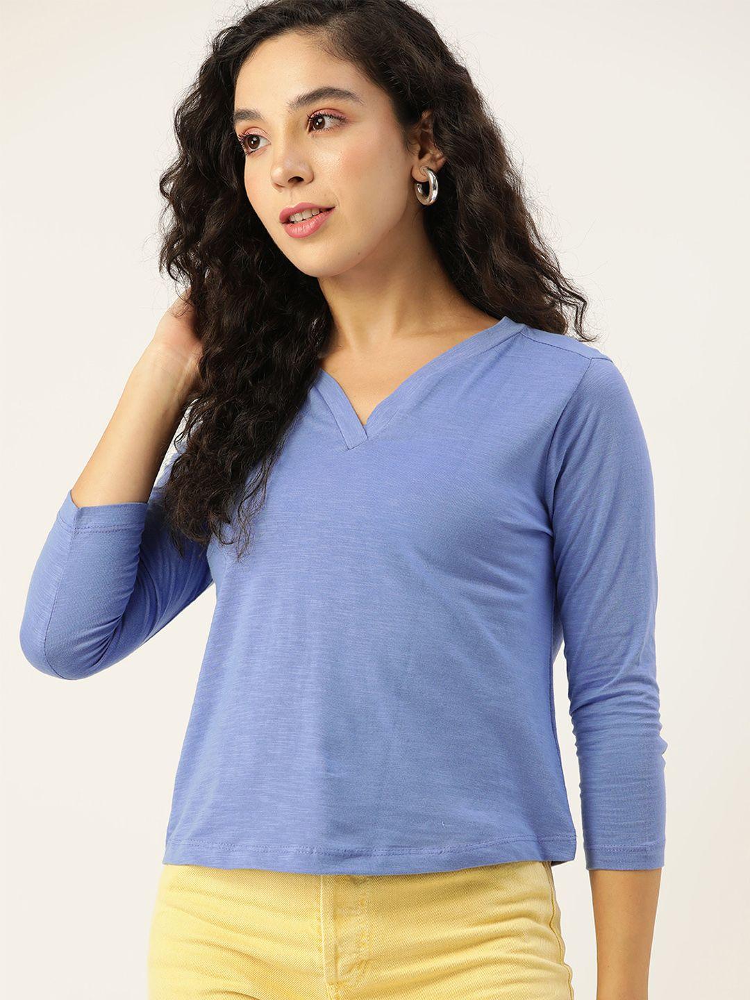 dressberry women blue solid v-neck pure cotton t-shirt