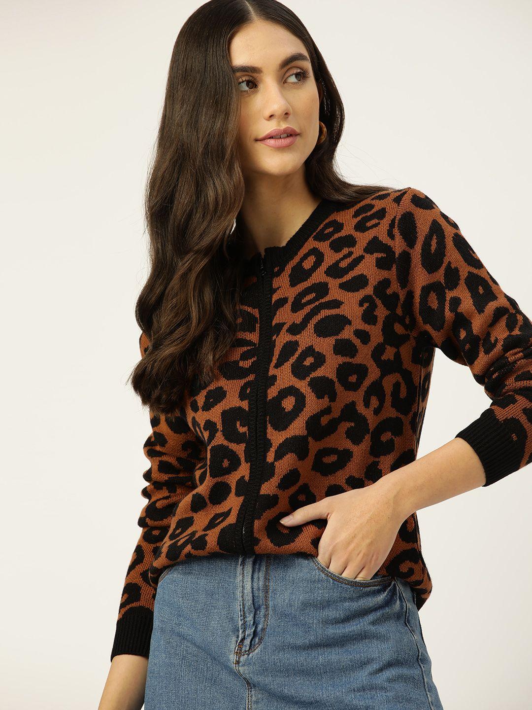 dressberry women brown & black animal printed cardigan