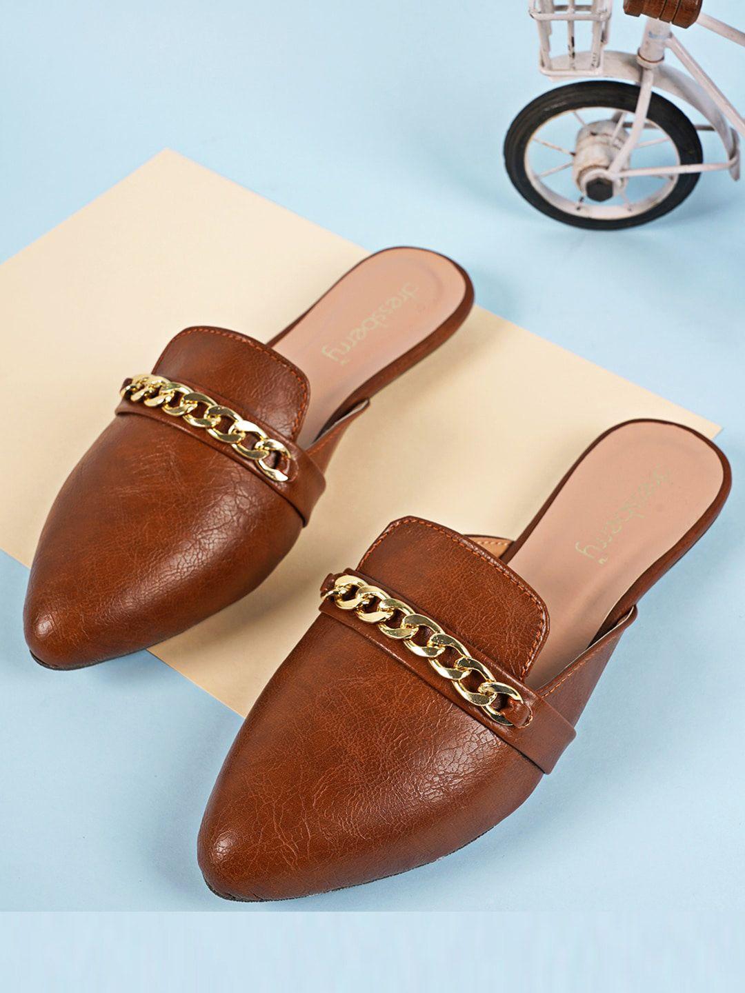 dressberry women brown & gold toned embellished pointed toe mules