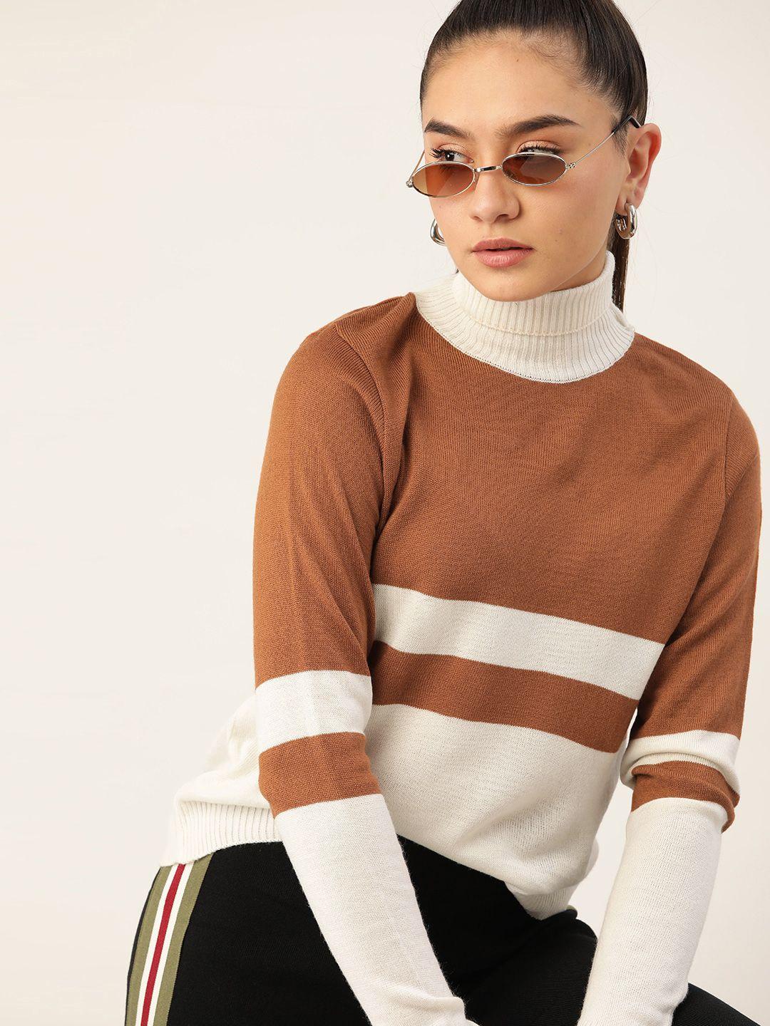 dressberry women brown & white acrylic colourblocked pullover